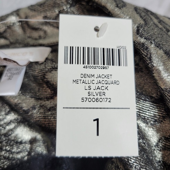 Chicos Jacket Women Sz 1 M Lightweight Metallic Denim Jacquard Silver NWT - Picture 4 of 5